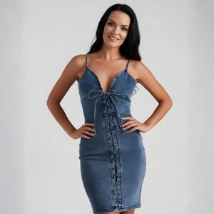 Windsor ✦ Laced Up Denim Mini Dress ✦ Spaghetti Straps Adjustable Front Tie XS